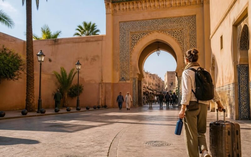 irst-time traveler entering a Moroccan medina with practical travel essentials
