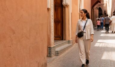 Solo female traveler walking confidently through a bright Moroccan medina street in daytime