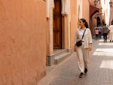 Solo female traveler walking confidently through a bright Moroccan medina street in daytime