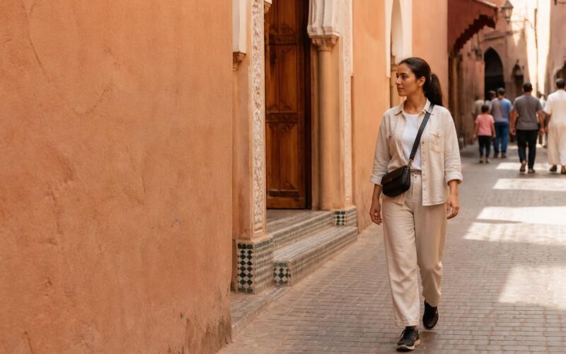 Solo female traveler walking confidently through a bright Moroccan medina street in daytime
