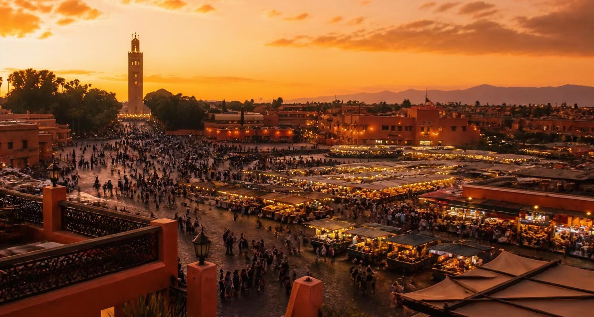 Jemaa el-Fna square and Koutoubia Mosque at sunset in Marrakech