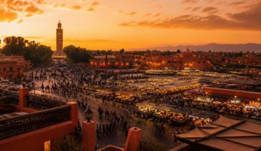 Jemaa el-Fna square and Koutoubia Mosque at sunset in Marrakech