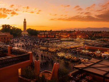 Jemaa el-Fna square and Koutoubia Mosque at sunset in Marrakech