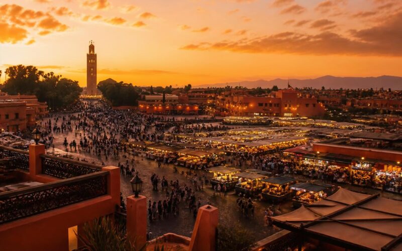 Jemaa el-Fna square and Koutoubia Mosque at sunset in Marrakech