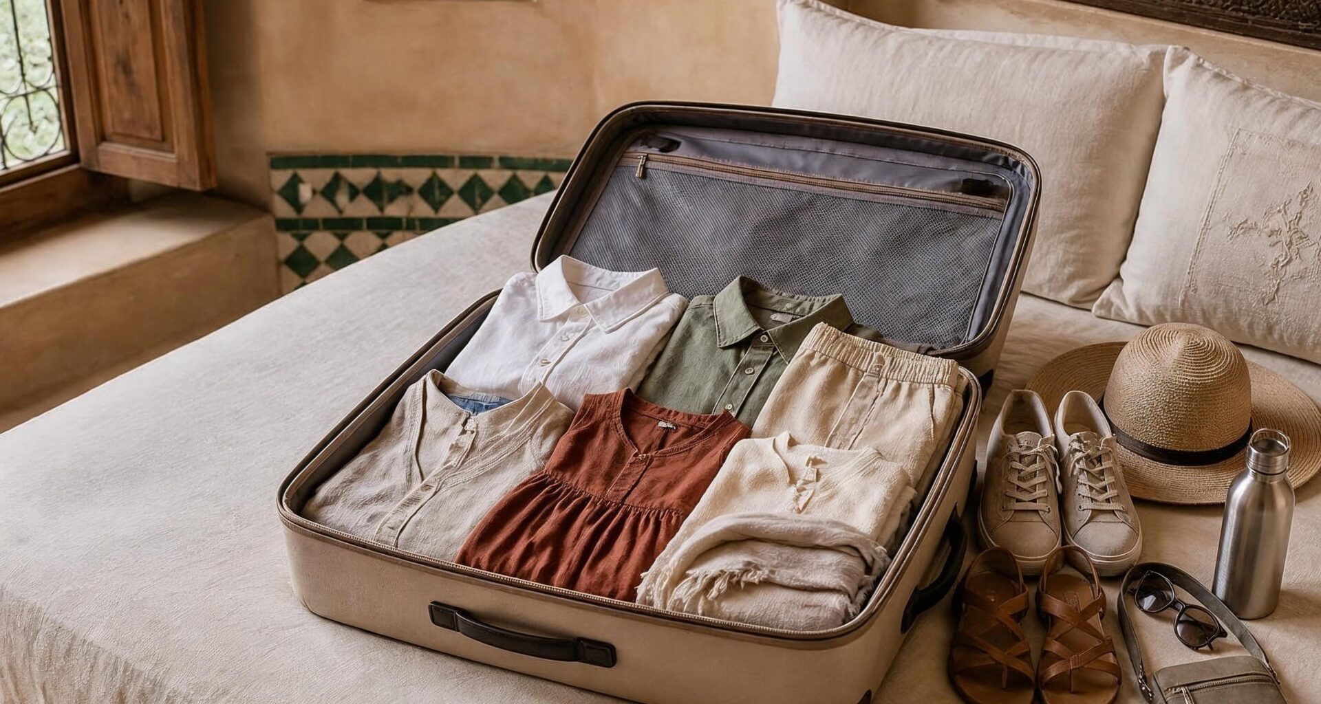 Practical lightweight clothing and travel essentials packed for a trip to Morocco
