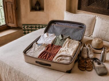 Practical lightweight clothing and travel essentials packed for a trip to Morocco