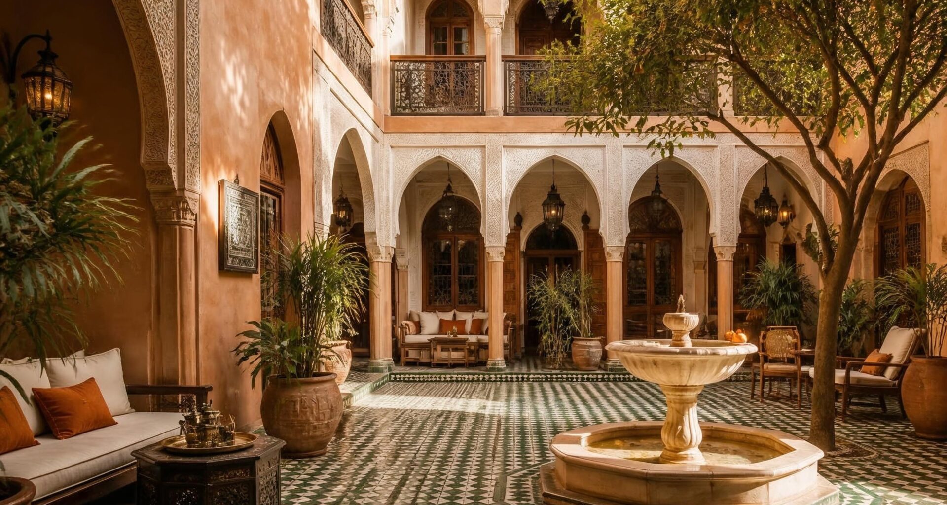 Traditional riad courtyard with zellige and orange tree in Marrakech