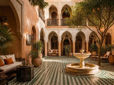 Traditional riad courtyard with zellige and orange tree in Marrakech