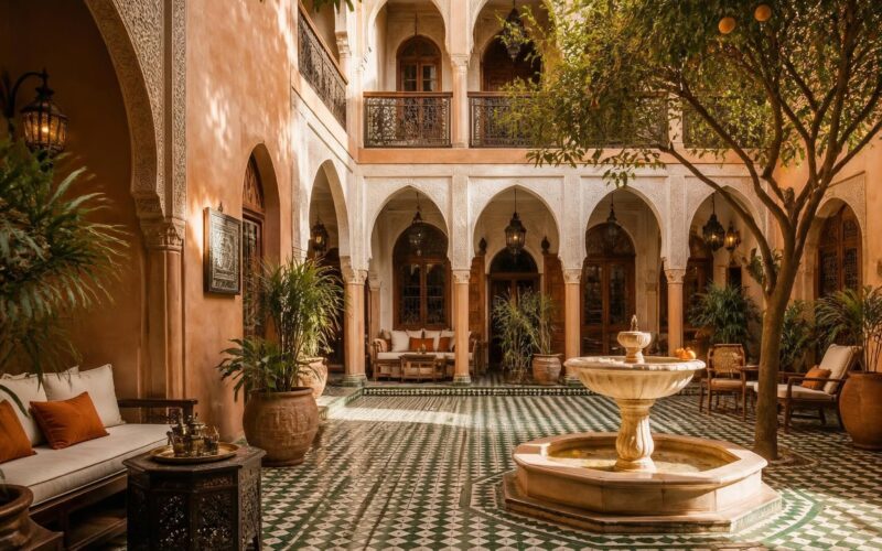 Traditional riad courtyard with zellige and orange tree in Marrakech